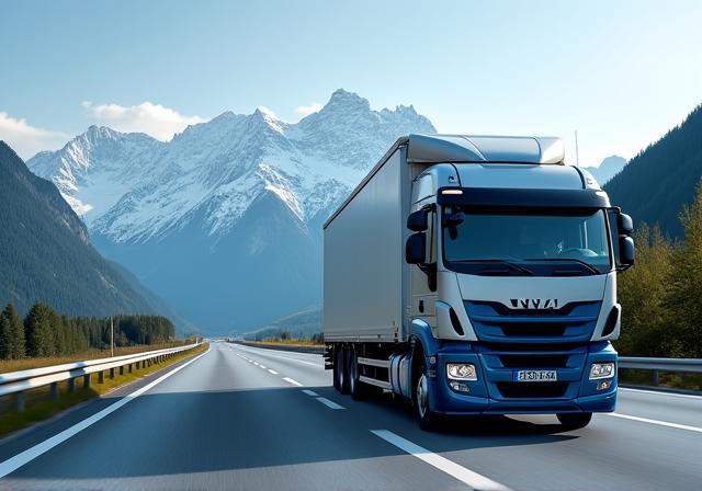 A heavy goods vehicle on an Austrian highway with mountains in the background.