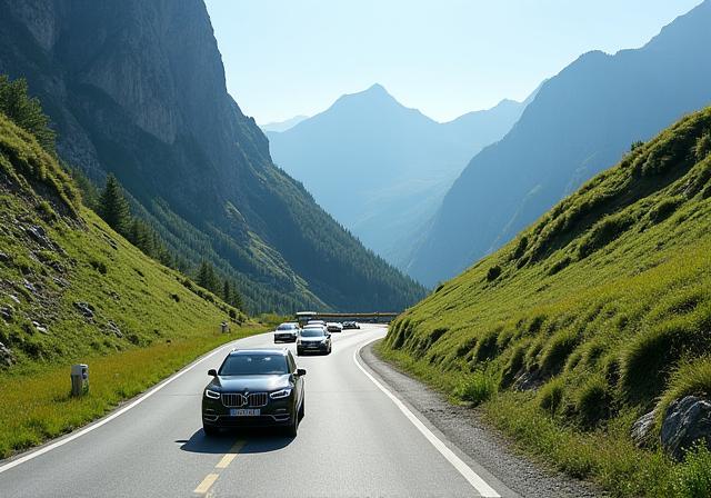 A family car driving on a scenic alpine road in Austria.