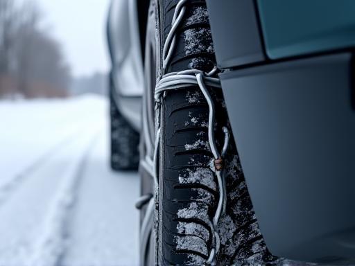 A close-up of snow chains fitted to a car tire on a snowy road.
