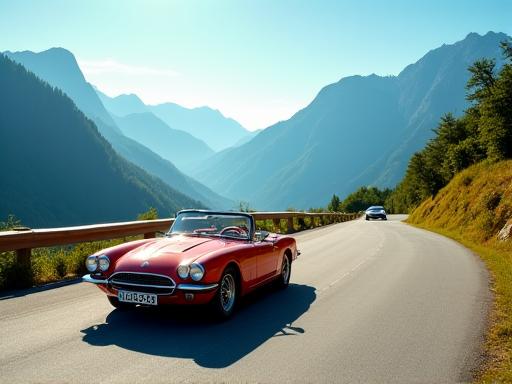 A convertible car driving on a sunny, clear Austrian mountain pass.